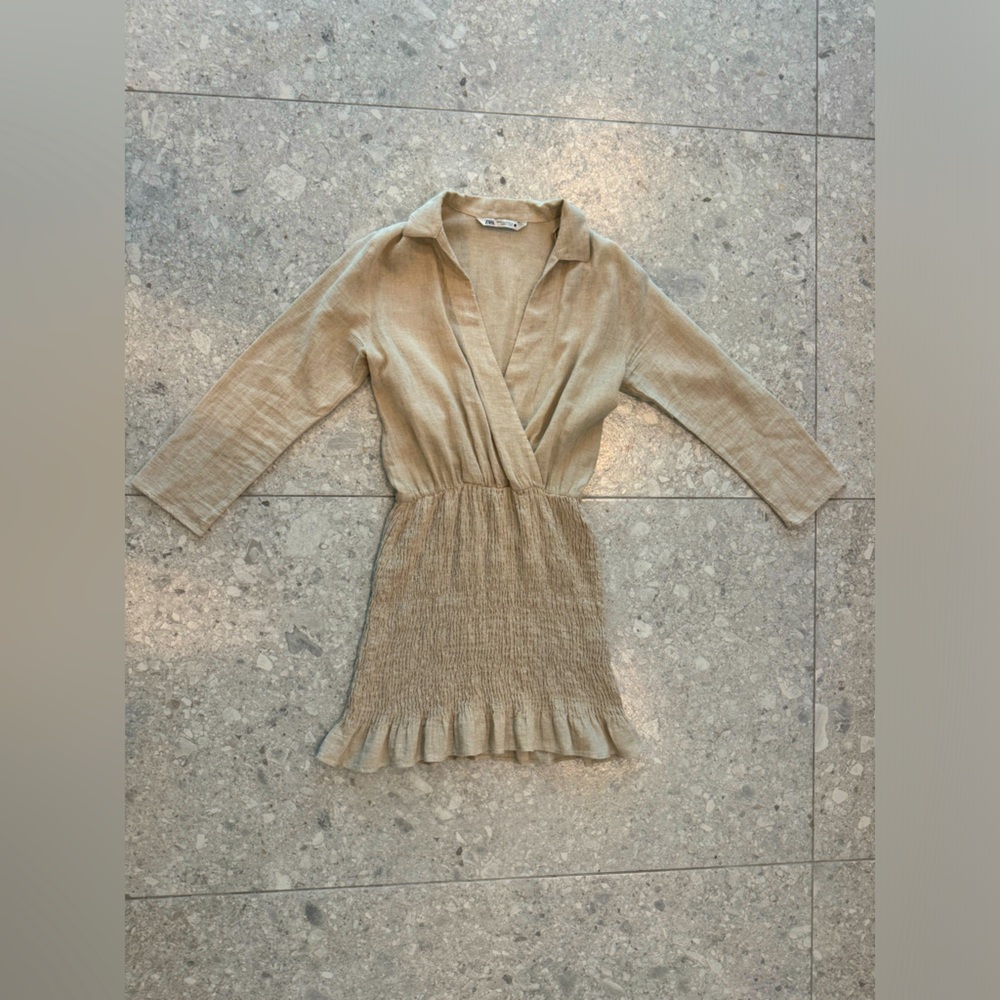 ZARA Linen Cotton V-Neck 3/4 Sleeve Stretch Flare Dress XS Natural Tan Beige